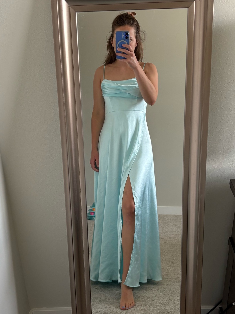 Selfie Leslie Light Aqua Satin Slit Evening Gown